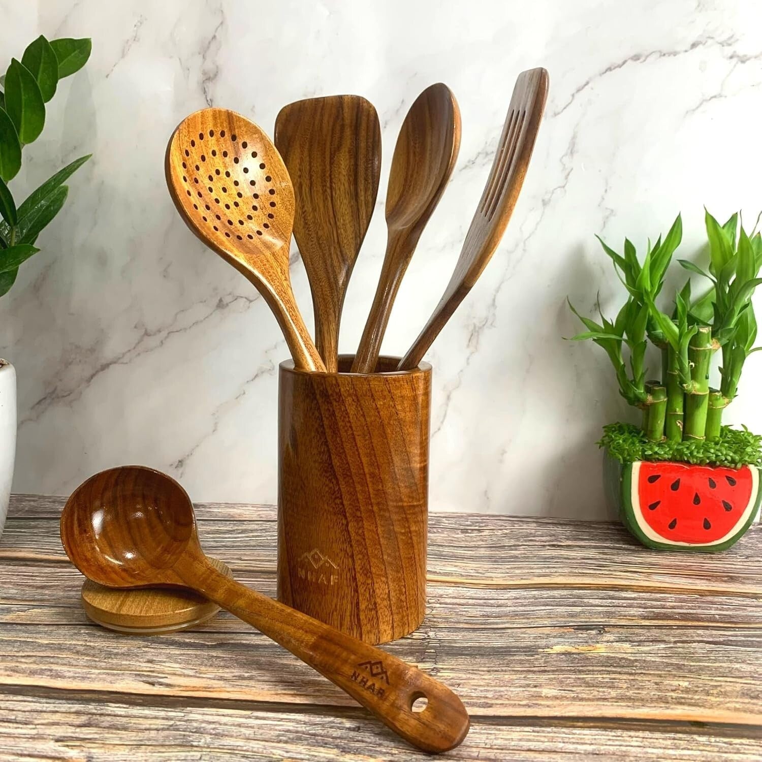 Durable Eco-Friendly Teak Cooking Utensils Set with Canvas Holder for Gifts