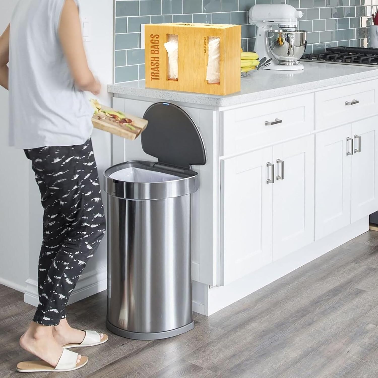 Space-Saving Bamboo Trash Bag Organizer for Kitchen and Garage - Bundle Included