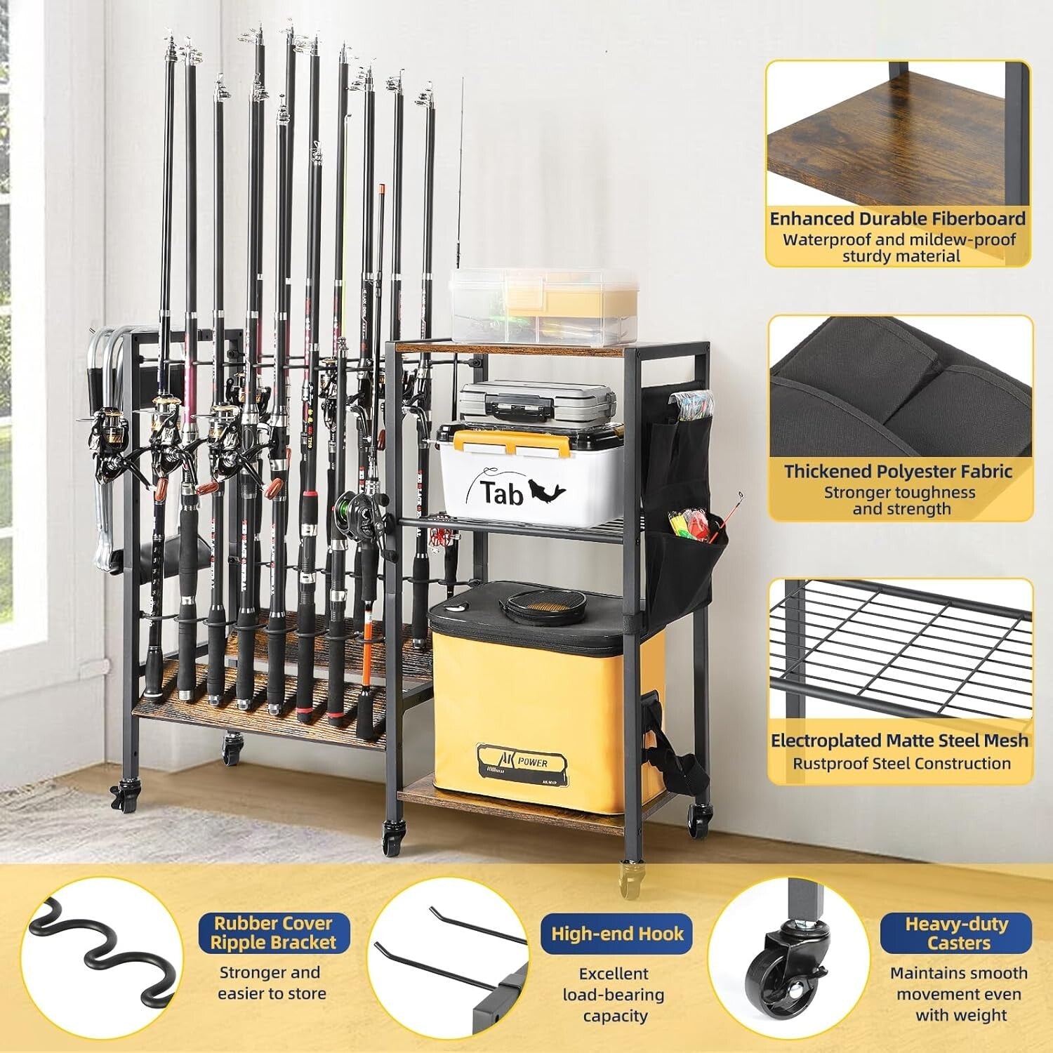 Professional Fishing Gear Storage on Wheels - 16 Rod Holder with Rubber Support