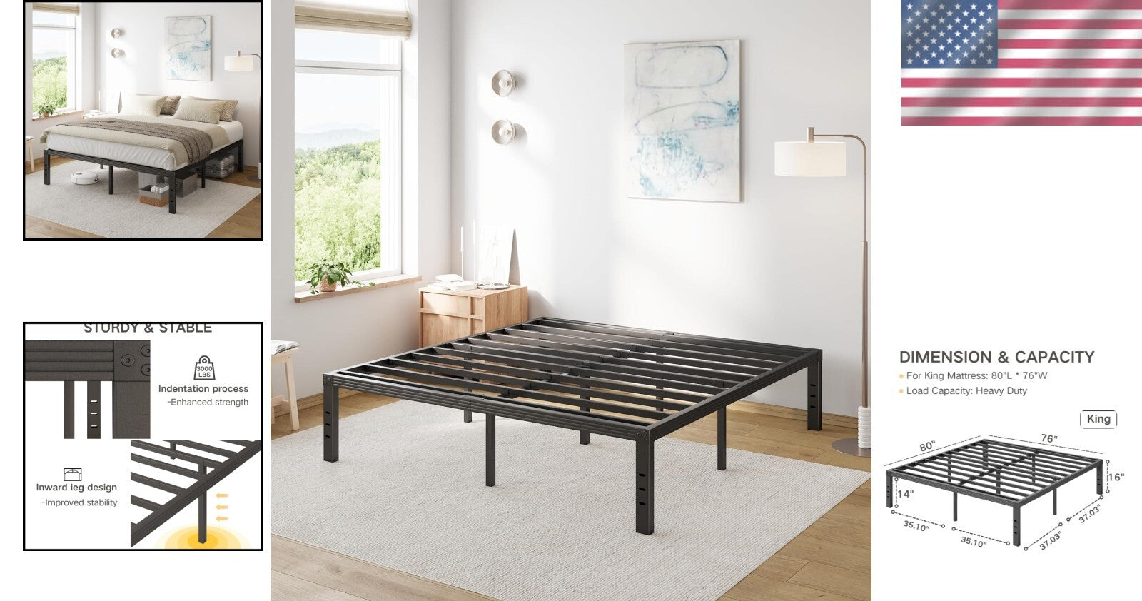 Durable King Metal Bed Frame: 16" Tall with Under-Bed Storage & No Box Spring