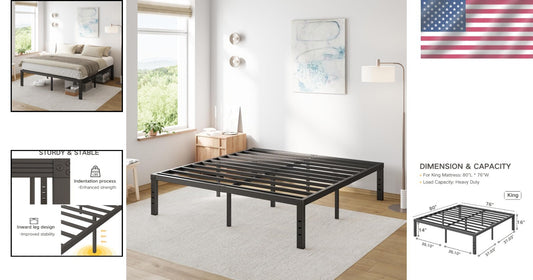 Durable King Metal Bed Frame: 16" Tall with Under-Bed Storage & No Box Spring