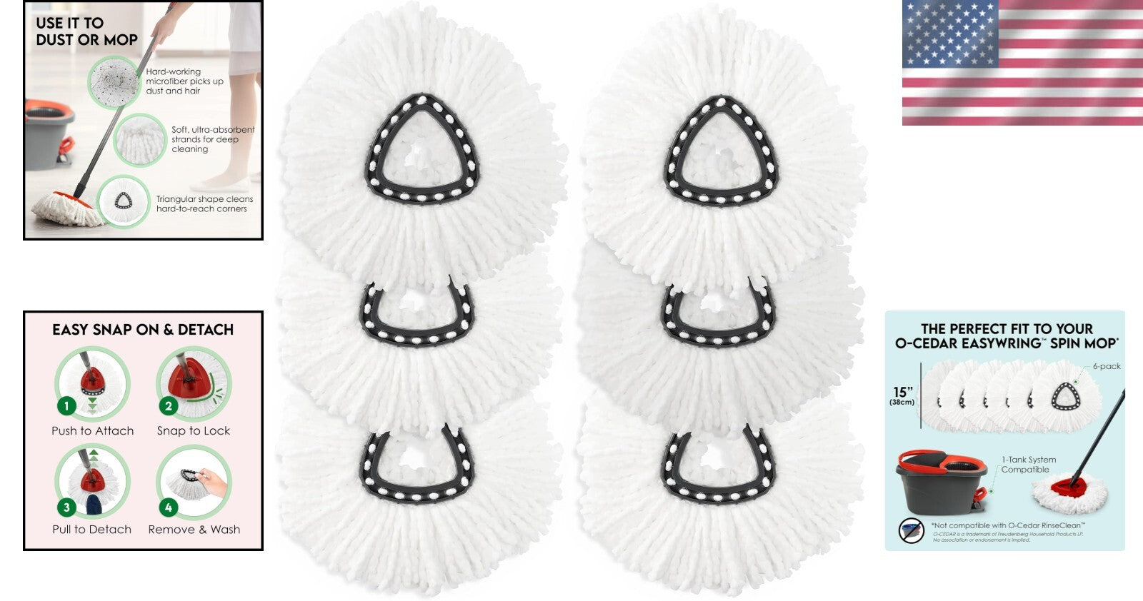 6-Pack Reusable Ocedar Mop Heads - Lightweight & Washable Cleaning Solution