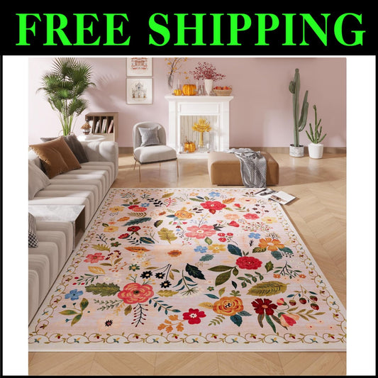 6'x9' Soft Boho Floral Rug | Vintage Design, Stain Resistant & Easy Maintenance