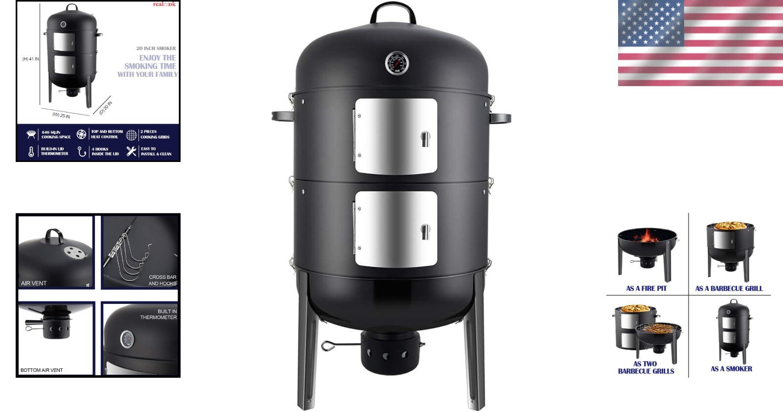 Alloy Steel Charcoal BBQ Smoker - Easy Assembly & Large Capacity for Outdoor Fun