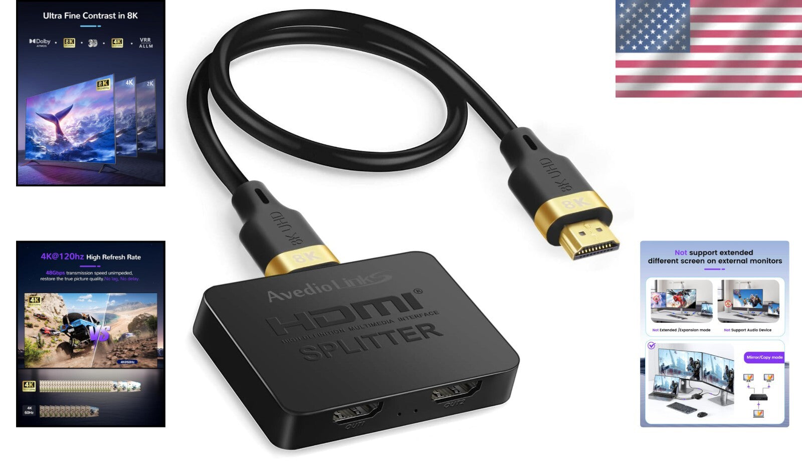 8K@60Hz HDMI Splitter 1 in 2 Out with 4ft 8K HDMI Cable - Ultimate Dual Displ...