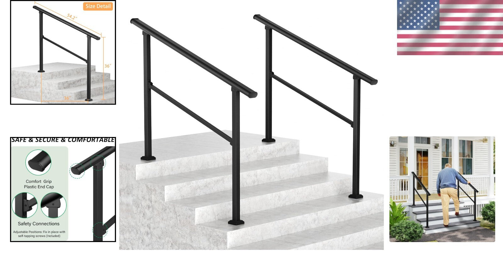 Elegant Black Wrought Iron Outdoor Handrails - 2 Pack for Easy Install Steps