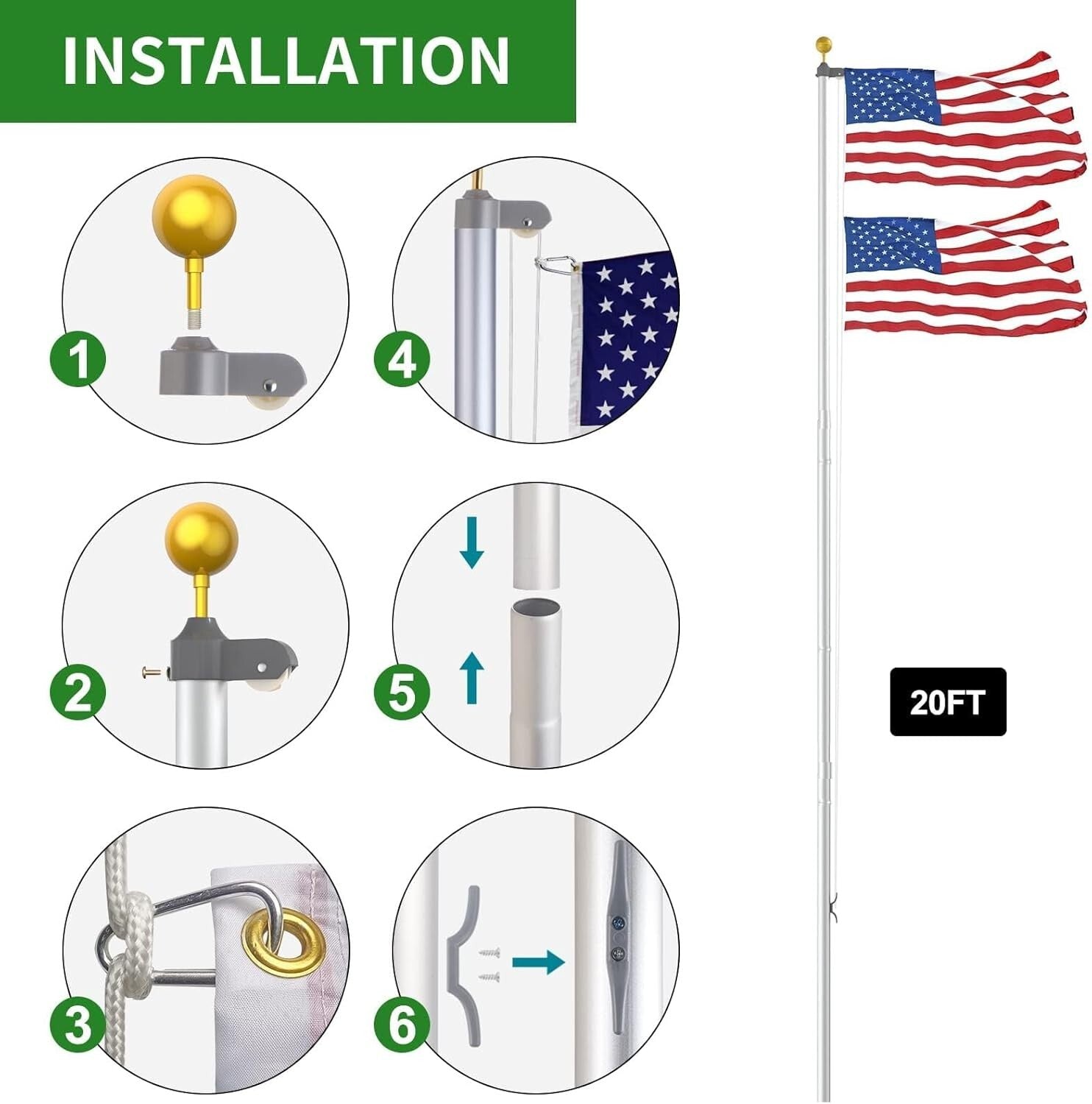 20 FT Heavy Duty Aluminum Flag Pole Kit with 3x5 American Flag - Silver Finish