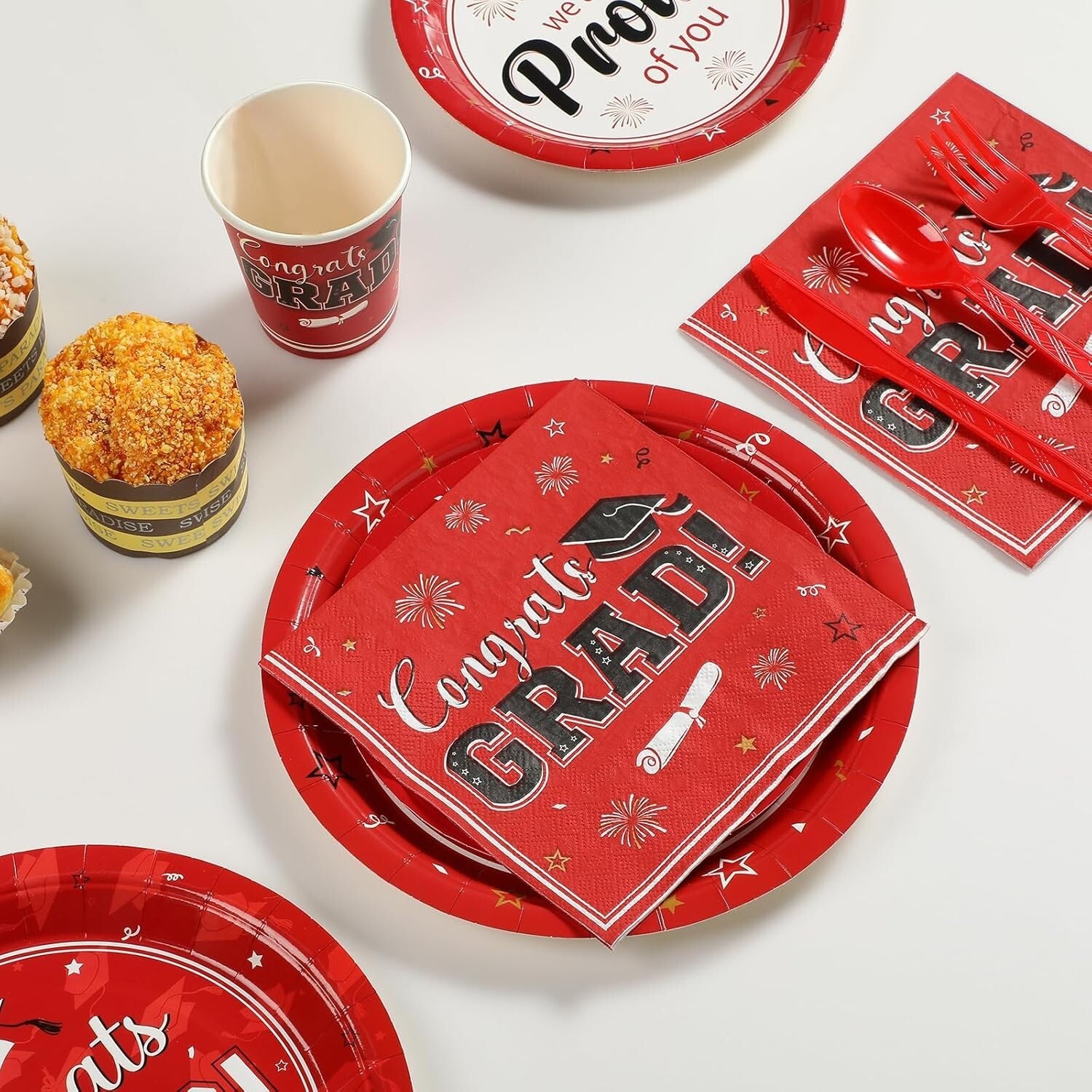 Disposable Graduation Party Supplies Set: 357 Red Plates, Napkins, Banner & More