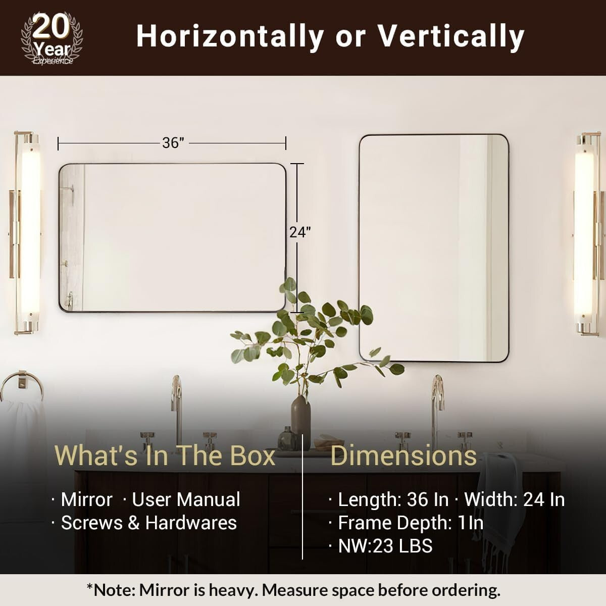 Brushed Bronze Bathroom Mirror, 24"x36" Rounded Rectangle, Stainless Steel Frame