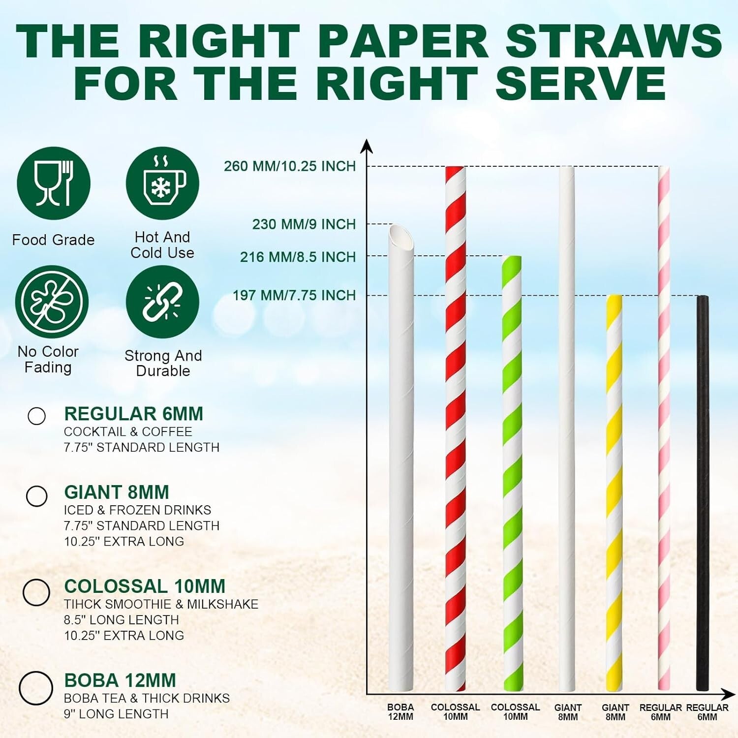 Durable Disposable Paper Straws - 10-Inches, 600 Count for Cocktails and More