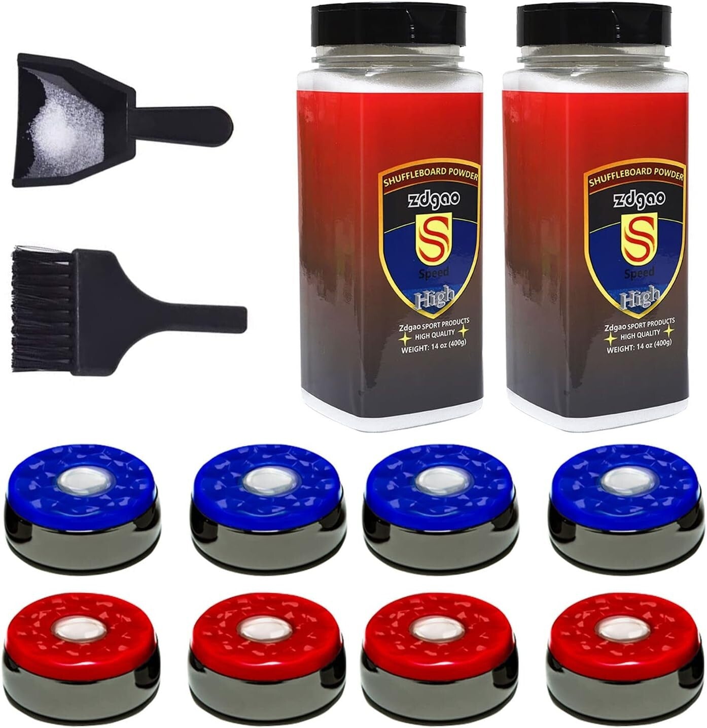 All-in-One Shuffleboard Accessories Set: 8 Chrome Pucks, Wax and Cleaning Tools