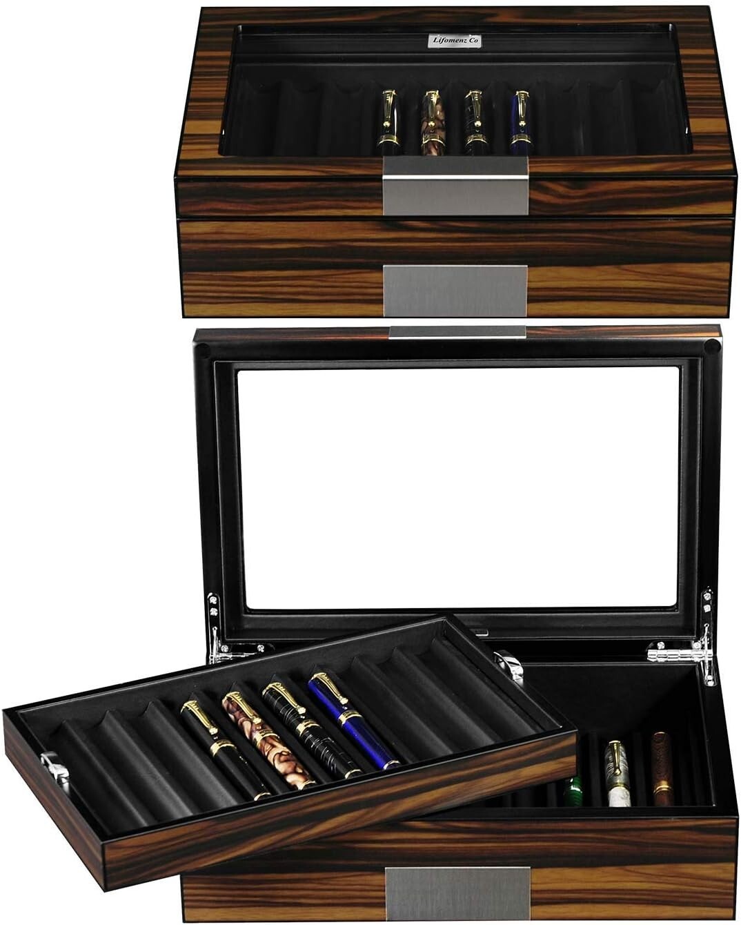 Portable Ebony Wood Pen Case with Glass Window - Protects & Displays 20 Pens