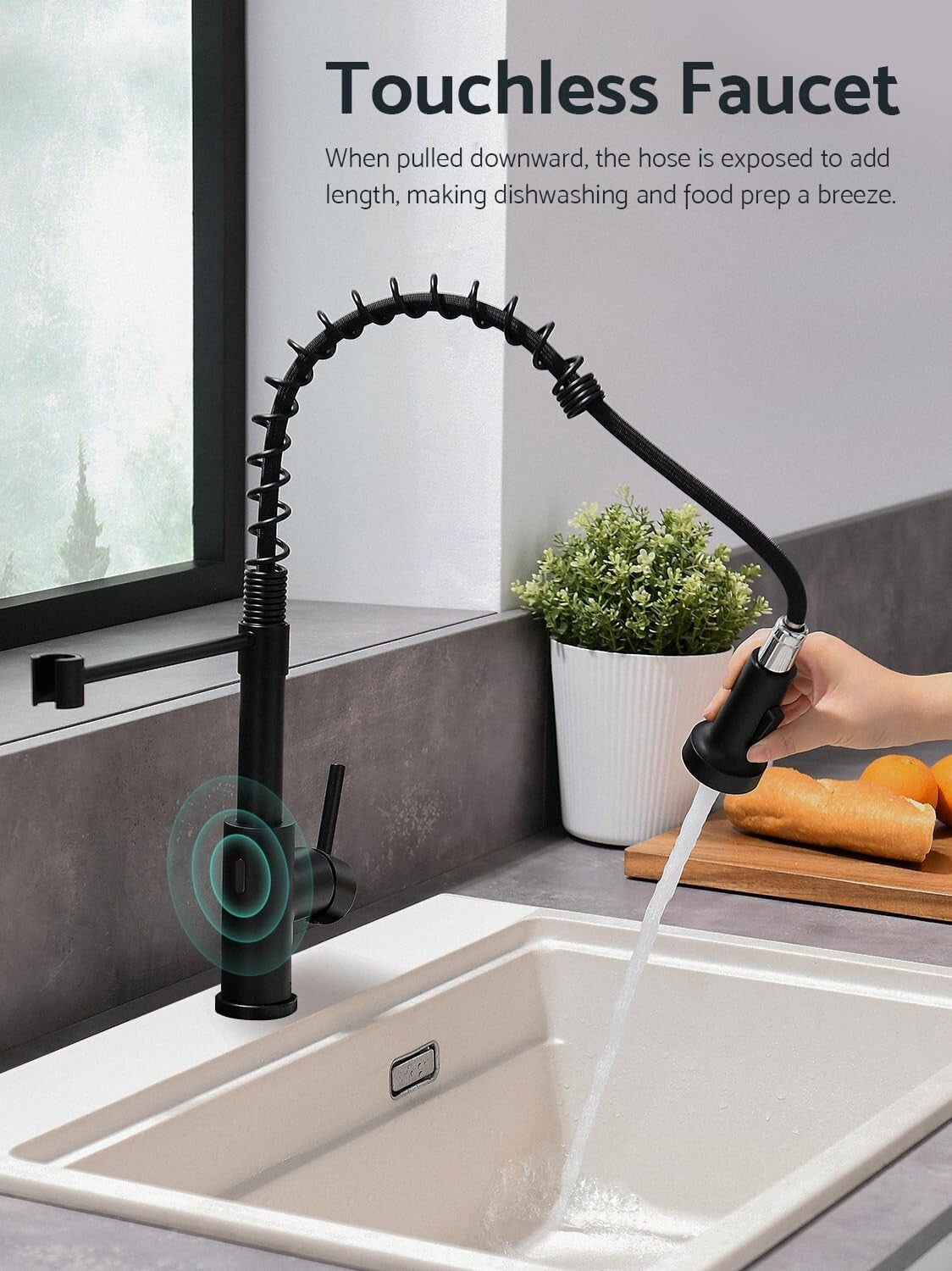 Motion Sensor Black Kitchen Faucet with Space-Saving Design & Easy Installation