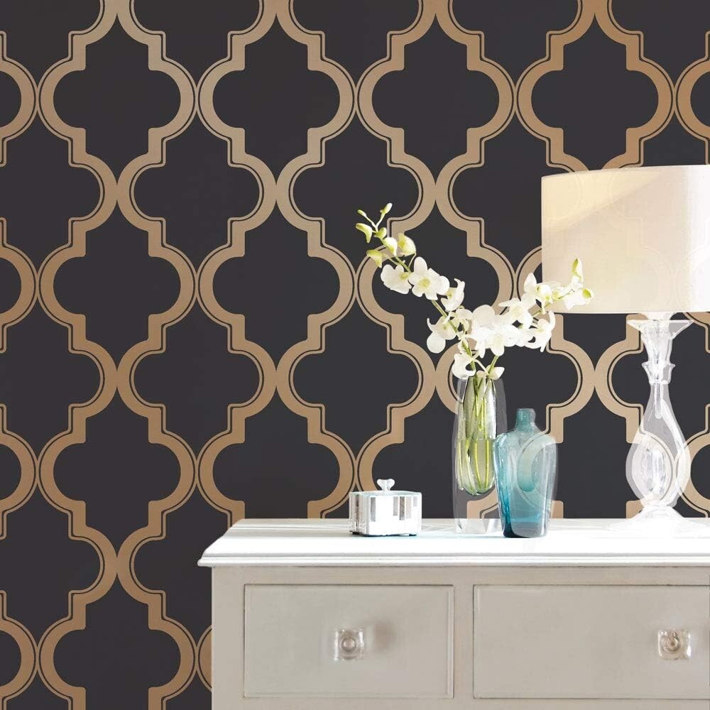 Midnight & Metallic Gold Removable Peel and Stick Trellis Wallpaper, 20.5"x16...