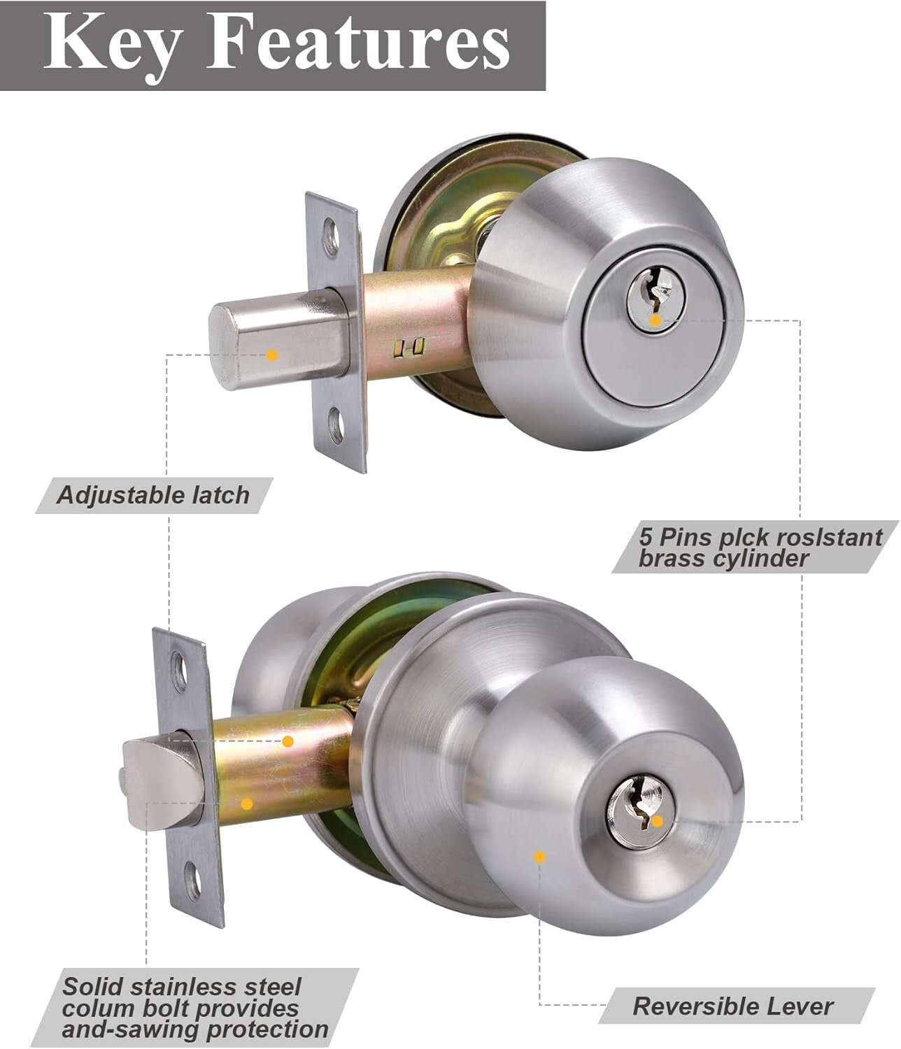Durable Satin Nickel Door Knob Set with Deadbolt - 4 Same Keyed Security