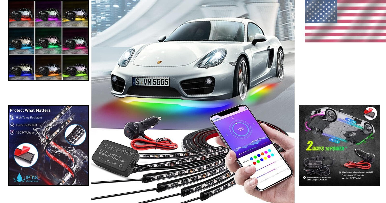 Bluetooth Car Underglow Lights Kit - 6 Waterproof LED Strip Lights for All Cars