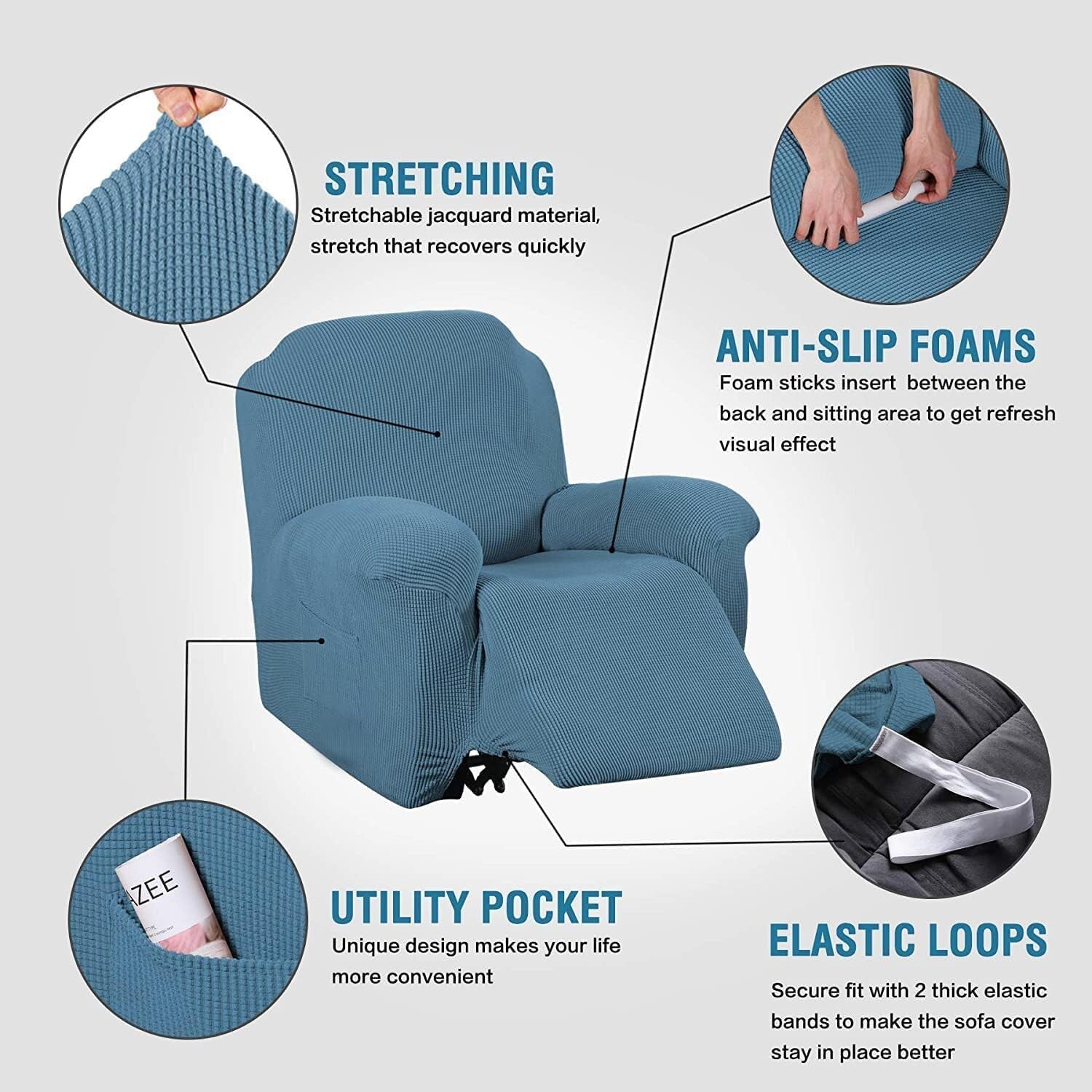 Super Stretch Water-Resistant Recliner Cover - Dusty Blue Elegance for Your Home