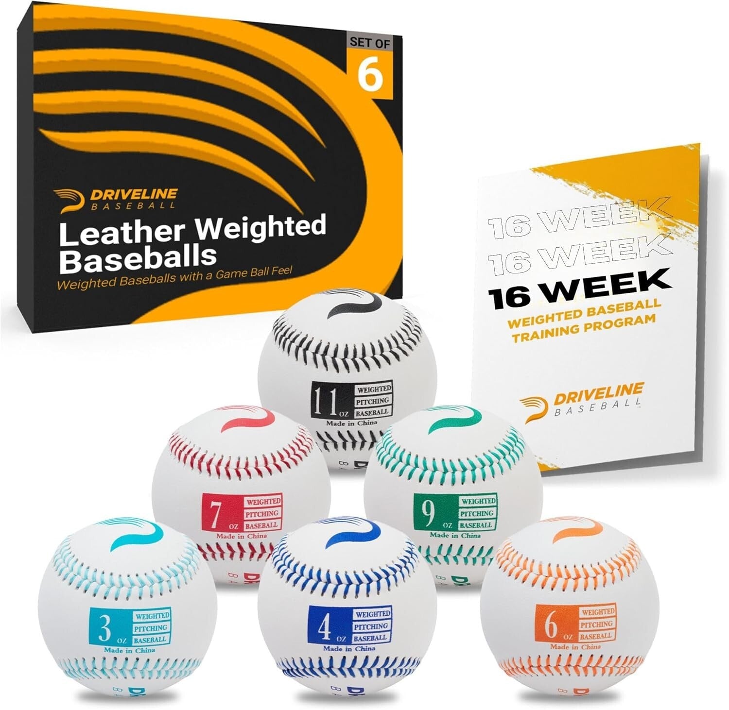 6-Piece Real Leather Weighted Pitching Balls Set with 16-Week Training Program