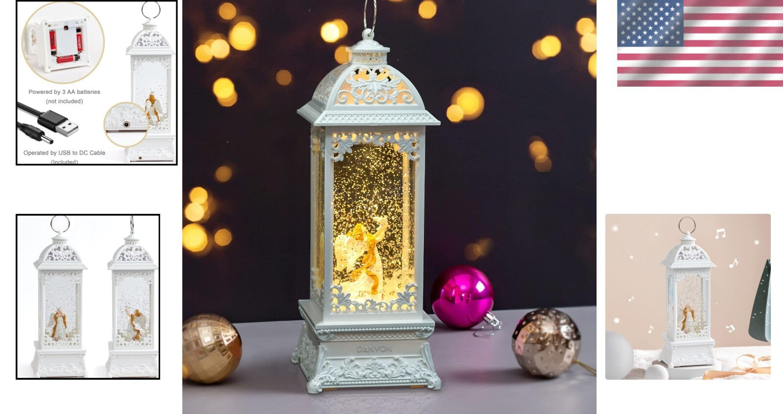 12” White Angel Lantern with Glitter & Music - USB/Battery Operated Night Light