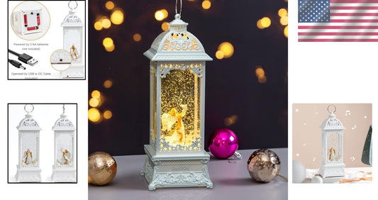 12” White Angel Lantern with Glitter & Music - USB/Battery Operated Night Light