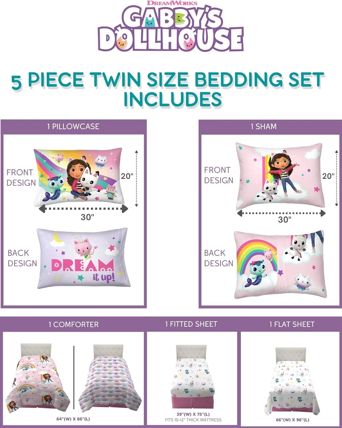 Gabby’s Dollhouse Cartoon Character Twin Bedding Set - 5-Piece Soft Microfiber