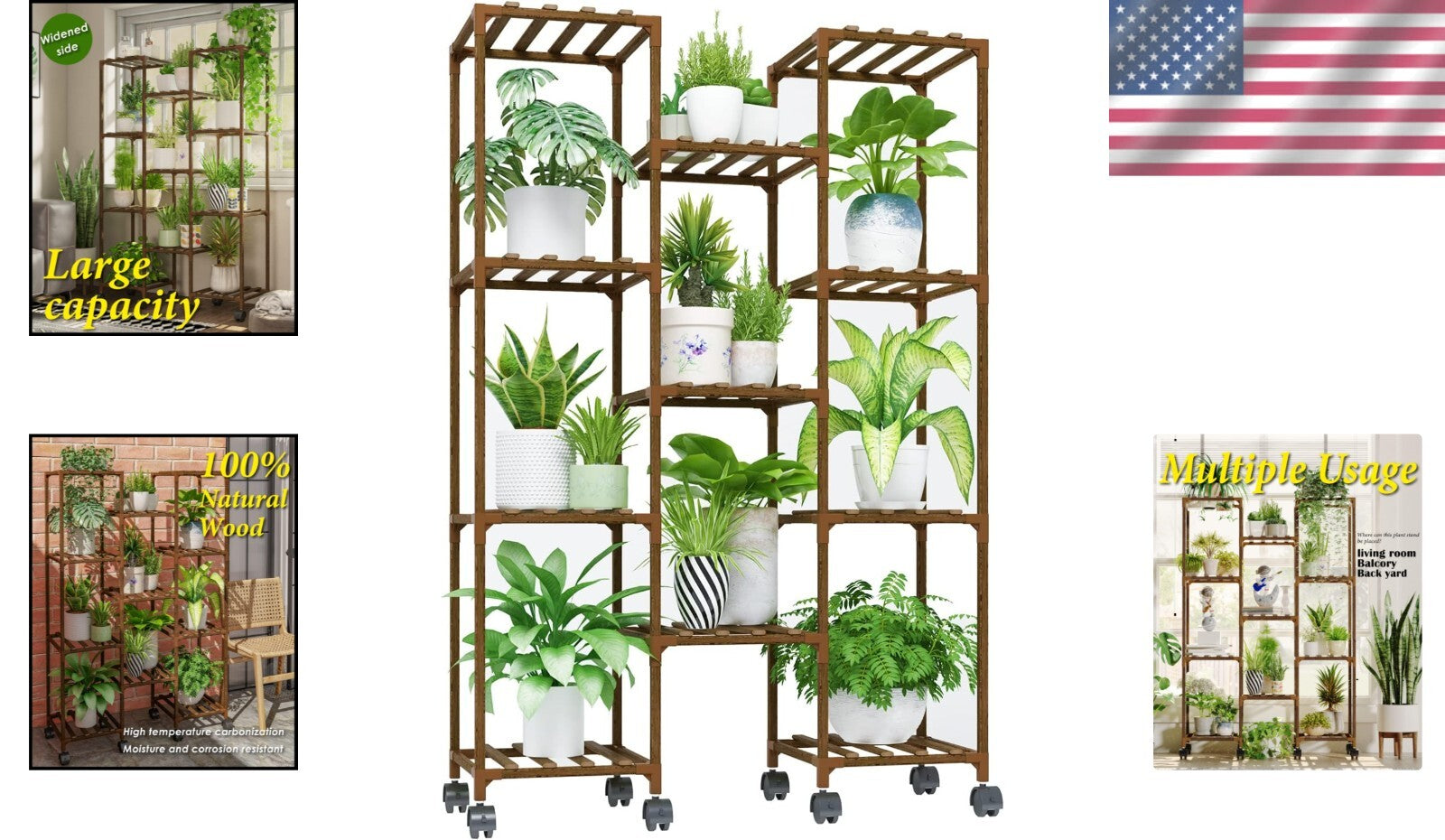 Carbonized Wood Plant Stand with Wheels - Holds 11-25 Pots for Versatile Display