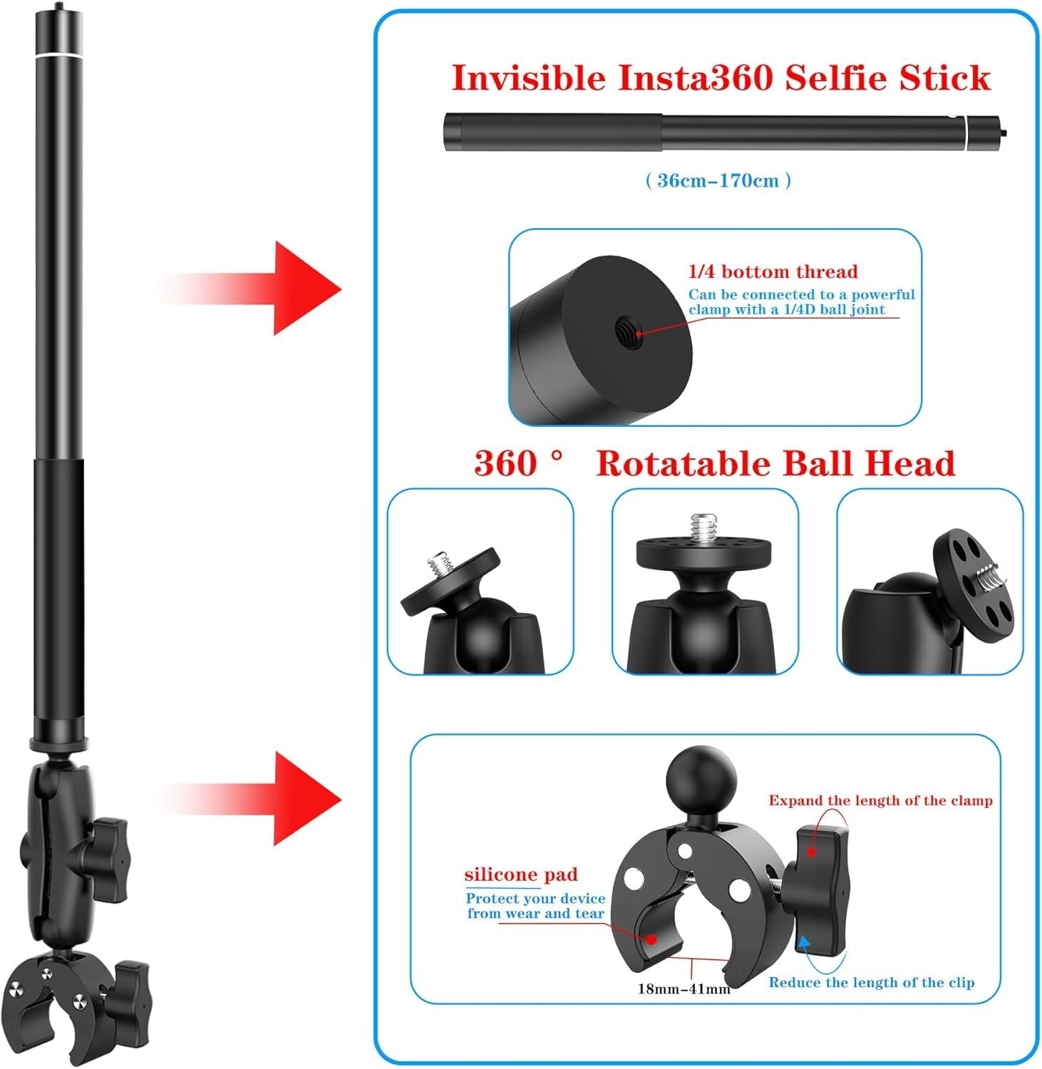 Motorcycle Handlebar Double Clamp Mount with 67" Selfie Stick for Action Cameras