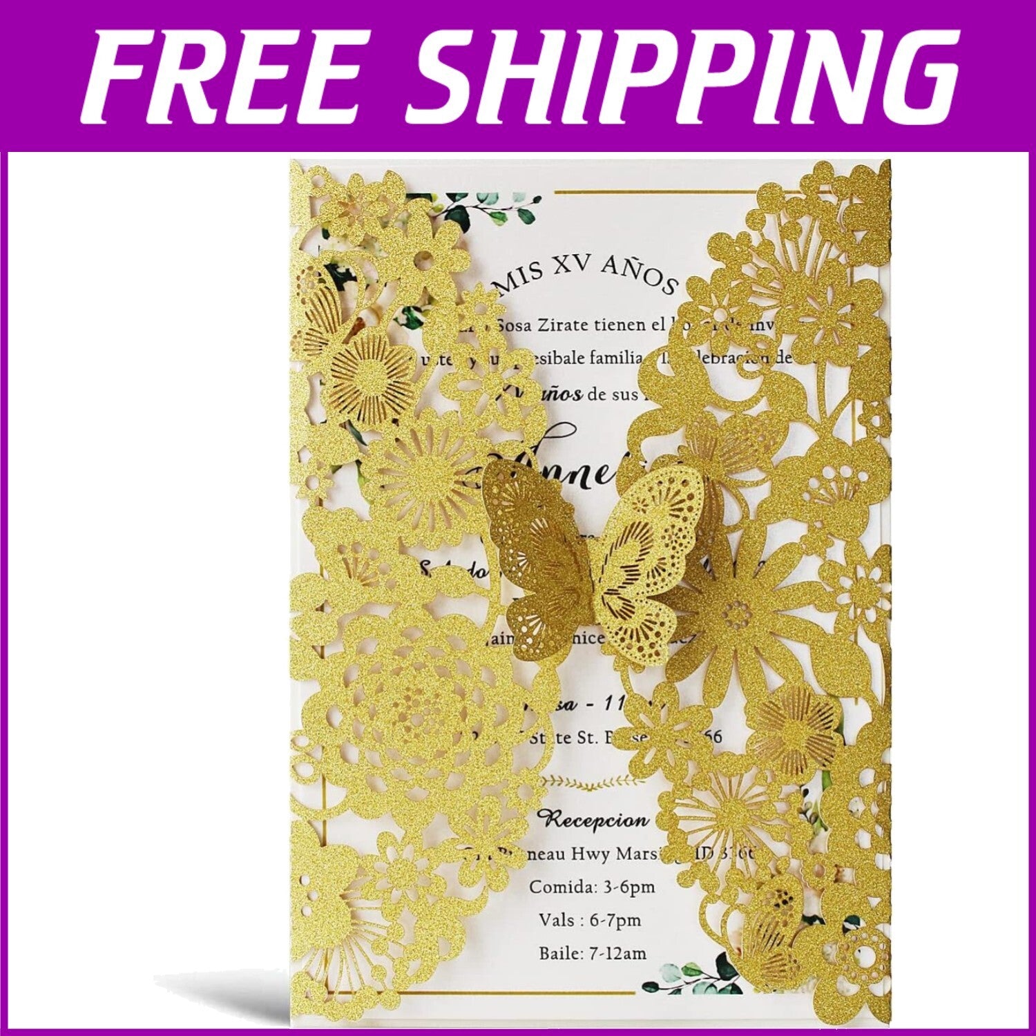 50 PCS Gold Laser Cut Lace Flora Wedding Invitations with Butterfly & Envelopes