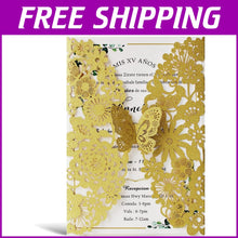 Load image into Gallery viewer, 50 PCS Gold Laser Cut Lace Flora Wedding Invitations with Butterfly &amp; Envelopes