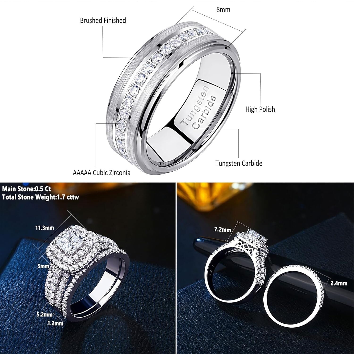 His and Hers Tungsten & Sterling Silver Wedding Ring Set - Gift Ready Packaging