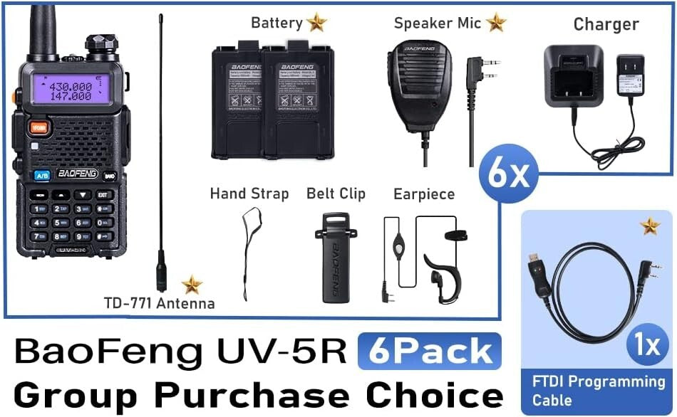Beginner-Friendly UV-5R Ham Radio Set - 6 Radios, Programming Cable, Batteries