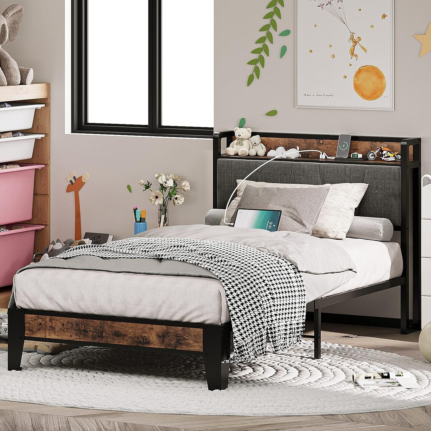 Noise-Free Twin Bed Frame with USB Charging Headboard - Perfect for Small Spaces