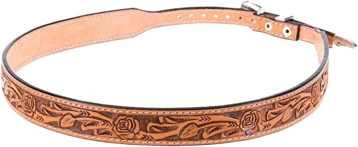 Elegant 100% Leather Cowboy Hat Band with Tooled Roses & Silver Concho