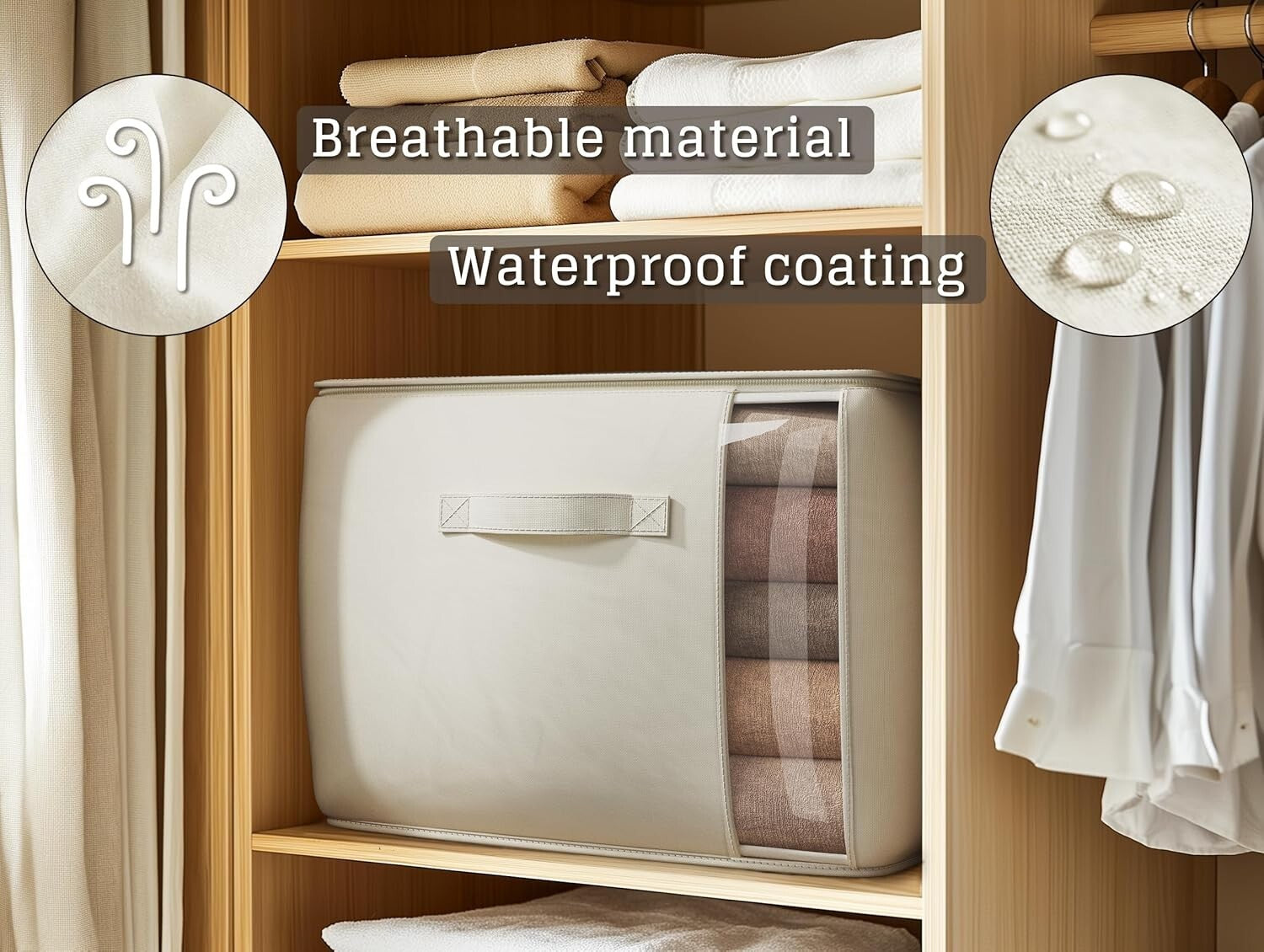 Spacious 70L Foldable Cotton Linen Storage Bags with Zipper & Side Window, Beige