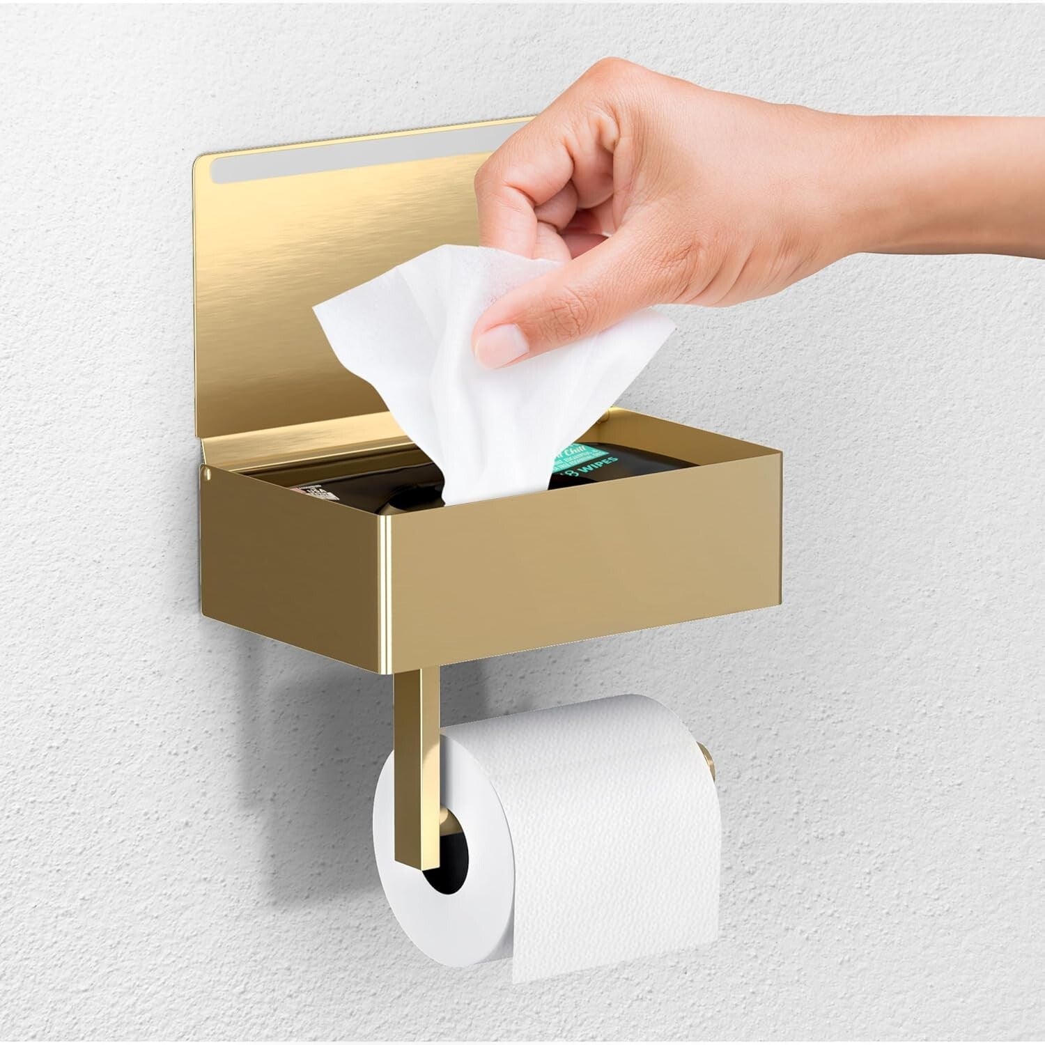 Brushed Gold Toilet Paper Holder with Shelf - Modern Bathroom Storage Solution