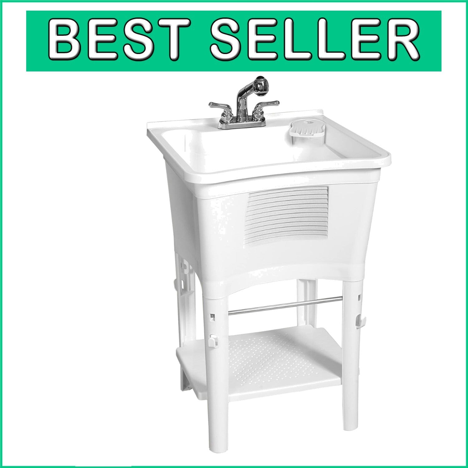 All-in-One Utility Sink with Shelf & Hooks for Convenient Laundry Setup - White