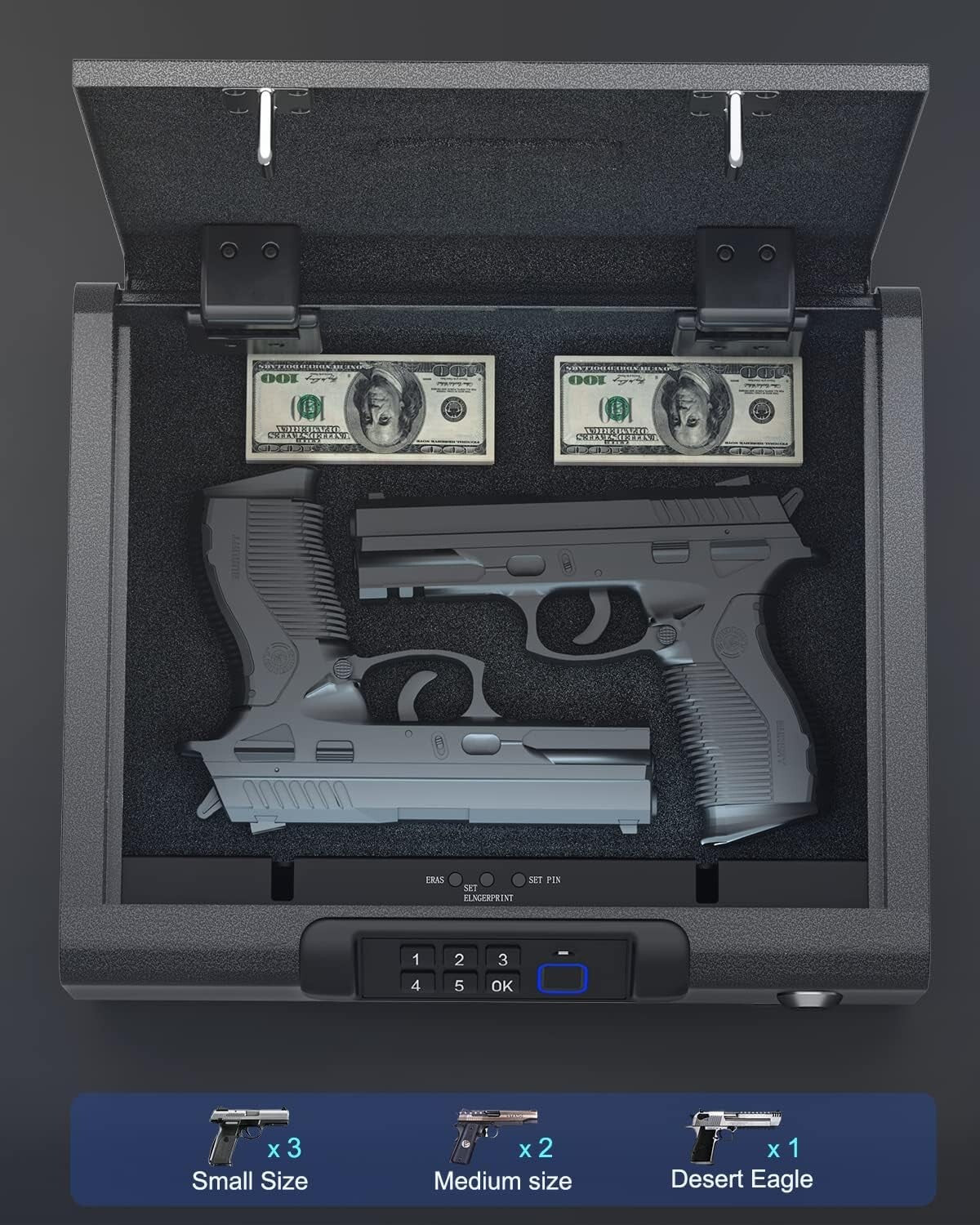 Secure Gun Safe with Biometric Access and USB Rechargeable Battery - Ideal Size