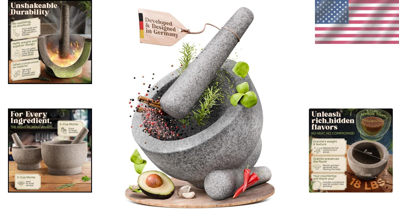 Extra Large 8-Inch Mortar & Pestle Set - 5 Cup Capacity Heavy Granite