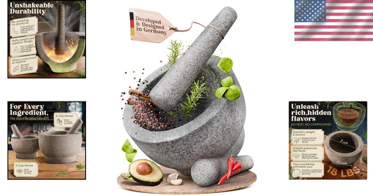 Extra Large 8-Inch Mortar & Pestle Set - 5 Cup Capacity Heavy Granite