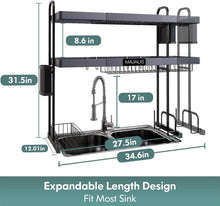 Load image into Gallery viewer, Adjustable Over Sink Dish Drying Rack - Stainless Steel 2-Tier Storage Solution