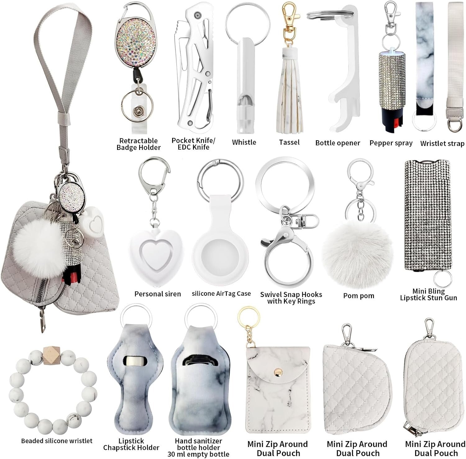 Chic PU Leather Wristlet Keychain Set with Pom Pom & Safety Alarm Accessory