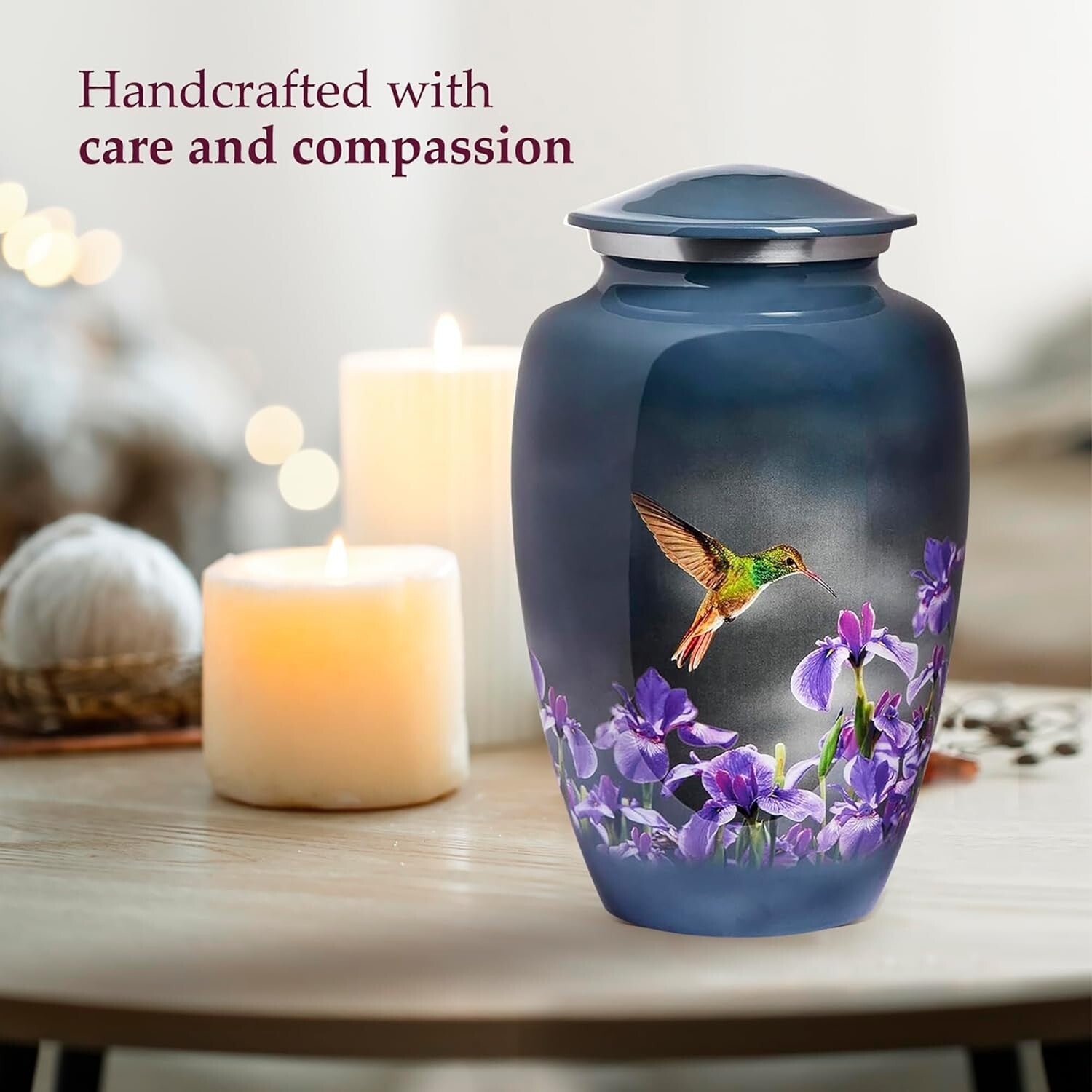 Large Decorative Burial Urn for Human Ashes - 200LB Capacity, Gray Hummingbird