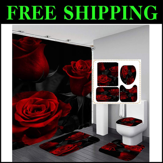 Elegant 4-Piece Rose Shower Curtain Set – Waterproof Floral Bathroom Decor
