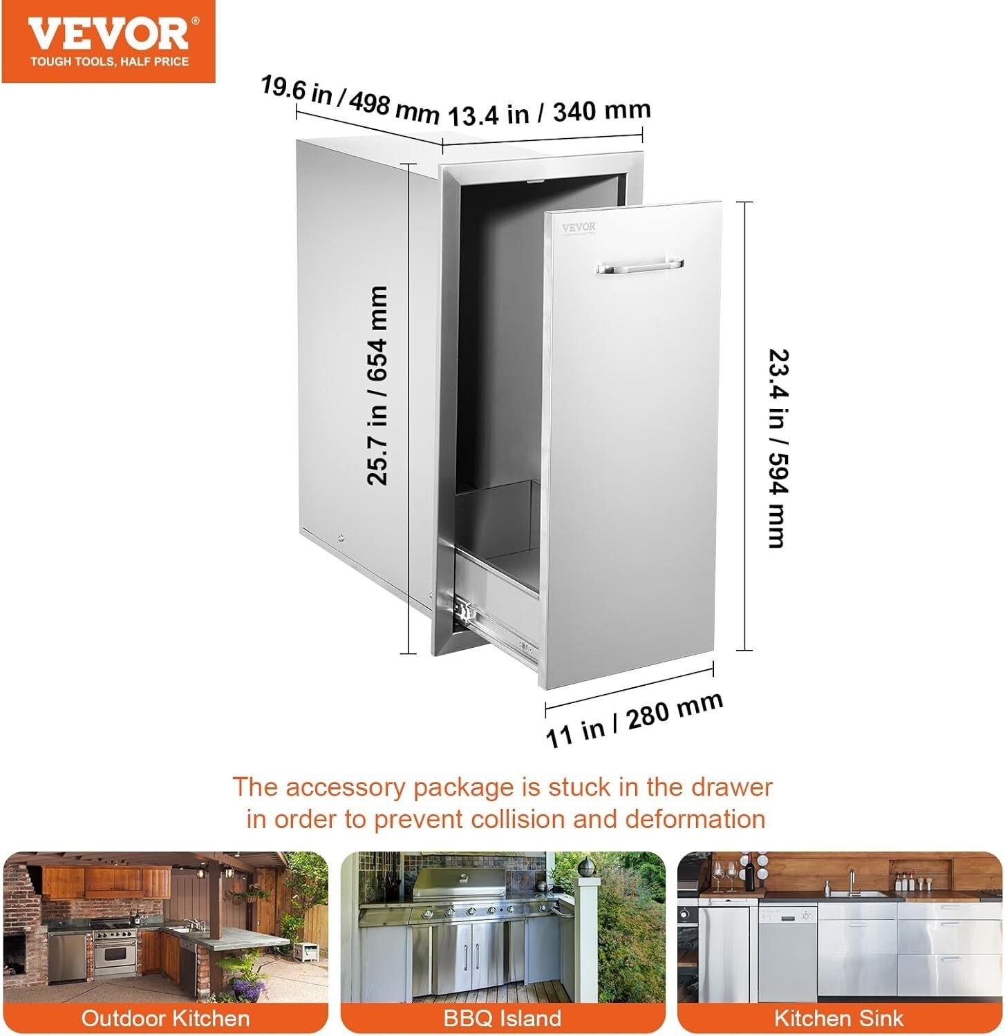 13.4"W Outdoor Kitchen Trash Bin - Durable Stainless Steel with Silent Rails