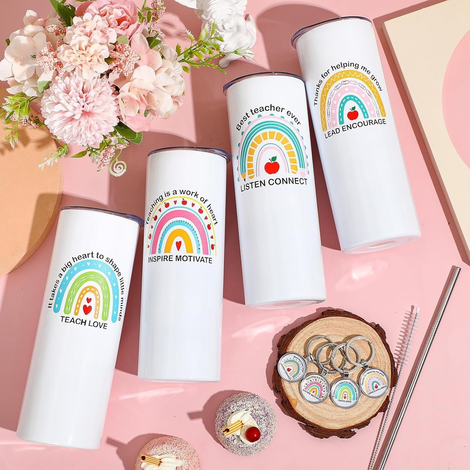 Elegant Insulated Teacher Travel Mugs & Keychains - Set of 4 in Rainbow Style