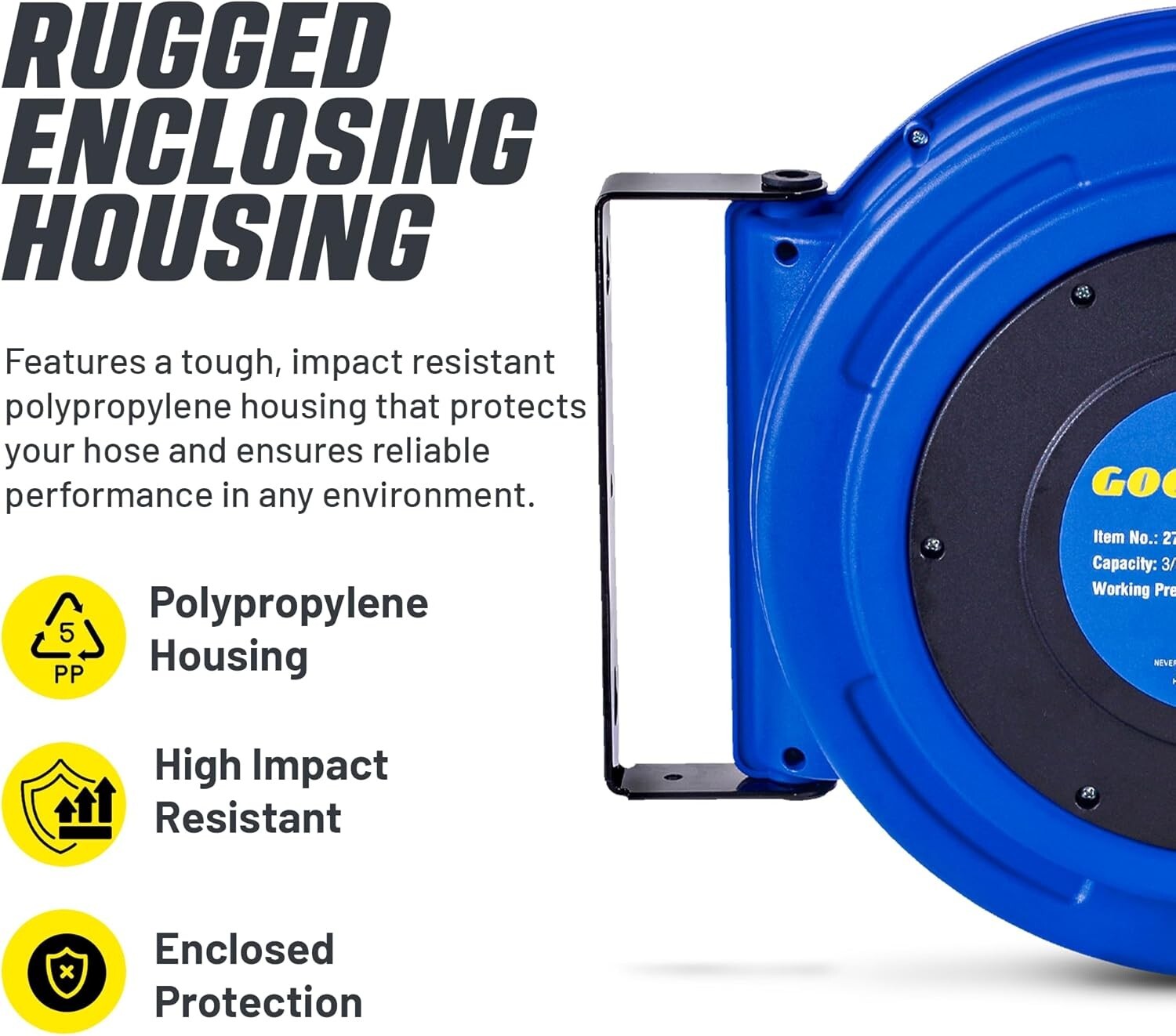 Durable 65' Air Hose Reel - Impact-Resistant Polypropylene with 300 PSI Pressure