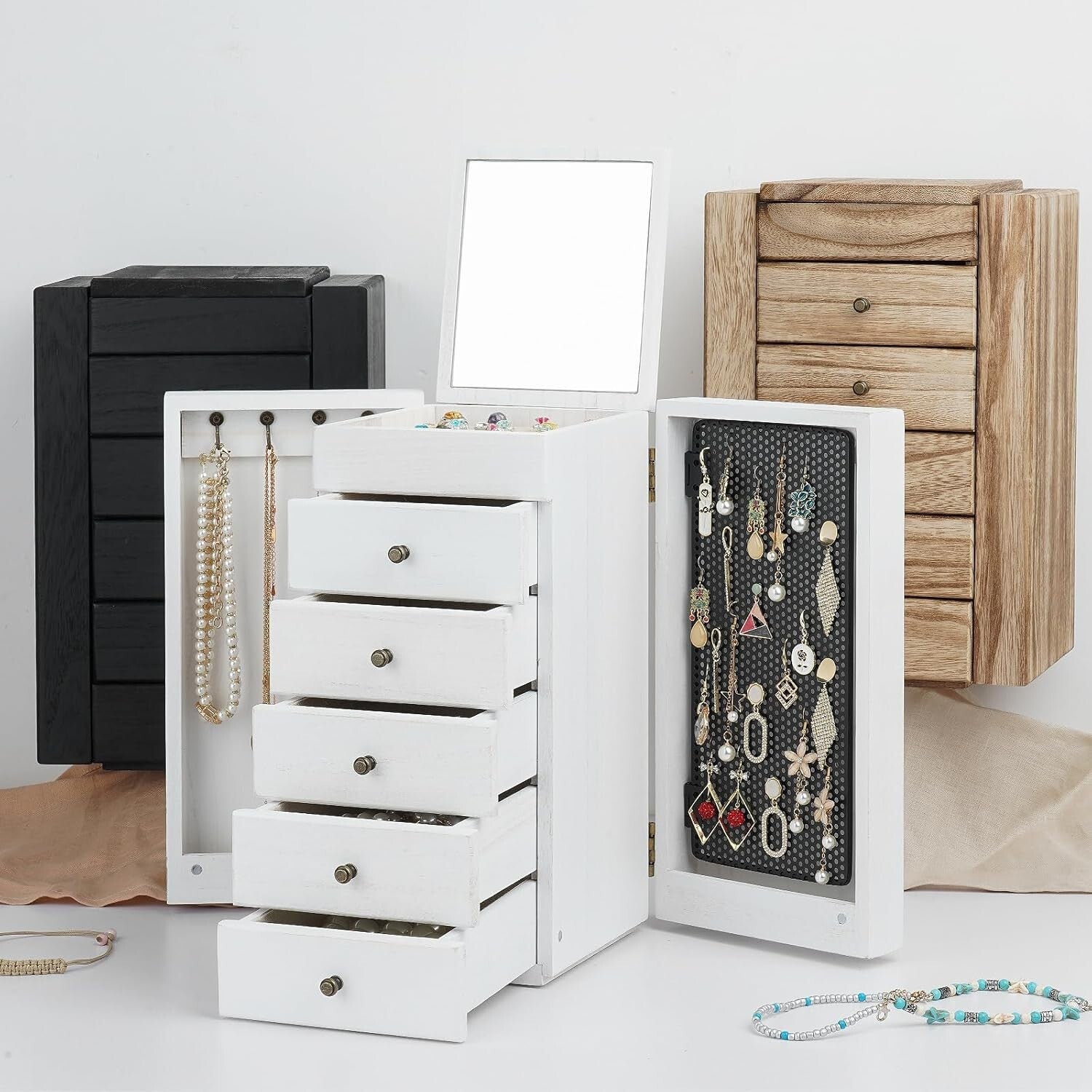 Sturdy White Jewelry Box with 6 Tiers, Mirror & Earring Display Side Doors