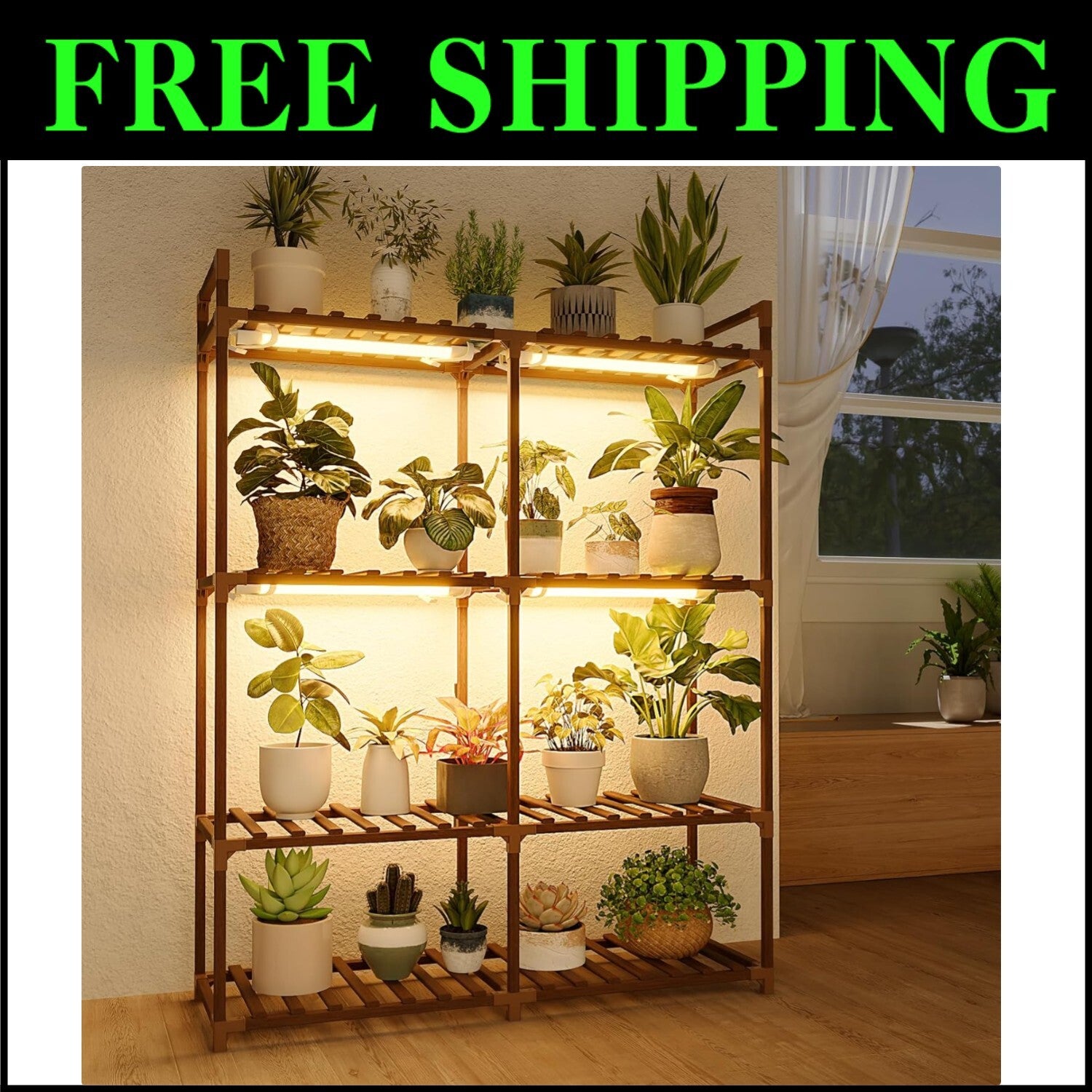 Durable Carbonized Wood Plant Stand with Built-in Grow Lights – Versatile Rack