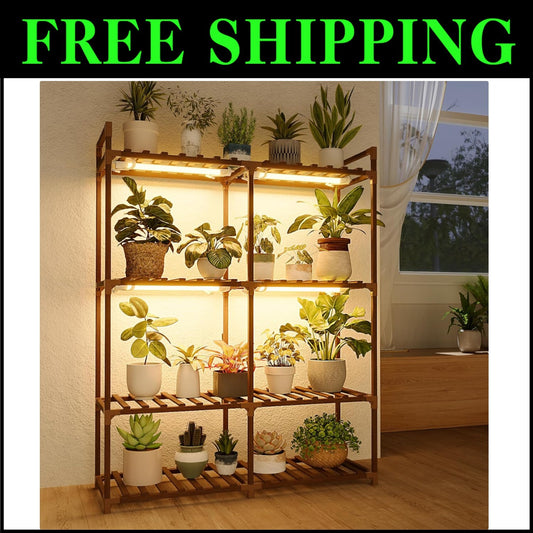 Durable Carbonized Wood Plant Stand with Built-in Grow Lights – Versatile Rack