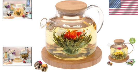 Elegant 40oz Borosilicate Glass Teapot with Bamboo Lid & Blooming Tea Gift Set